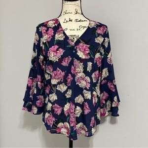 Liz Claiborne Navy and Pink Floral Blouse Size S
